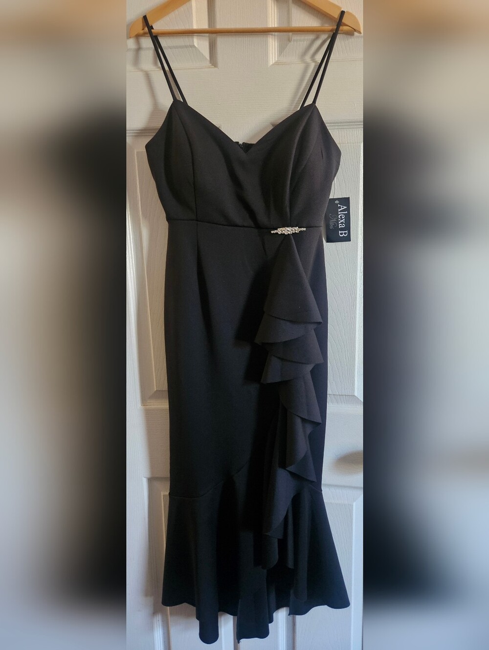 Alexa B Black Midi Dress with Ruffle Cascade and Jeweled Accent